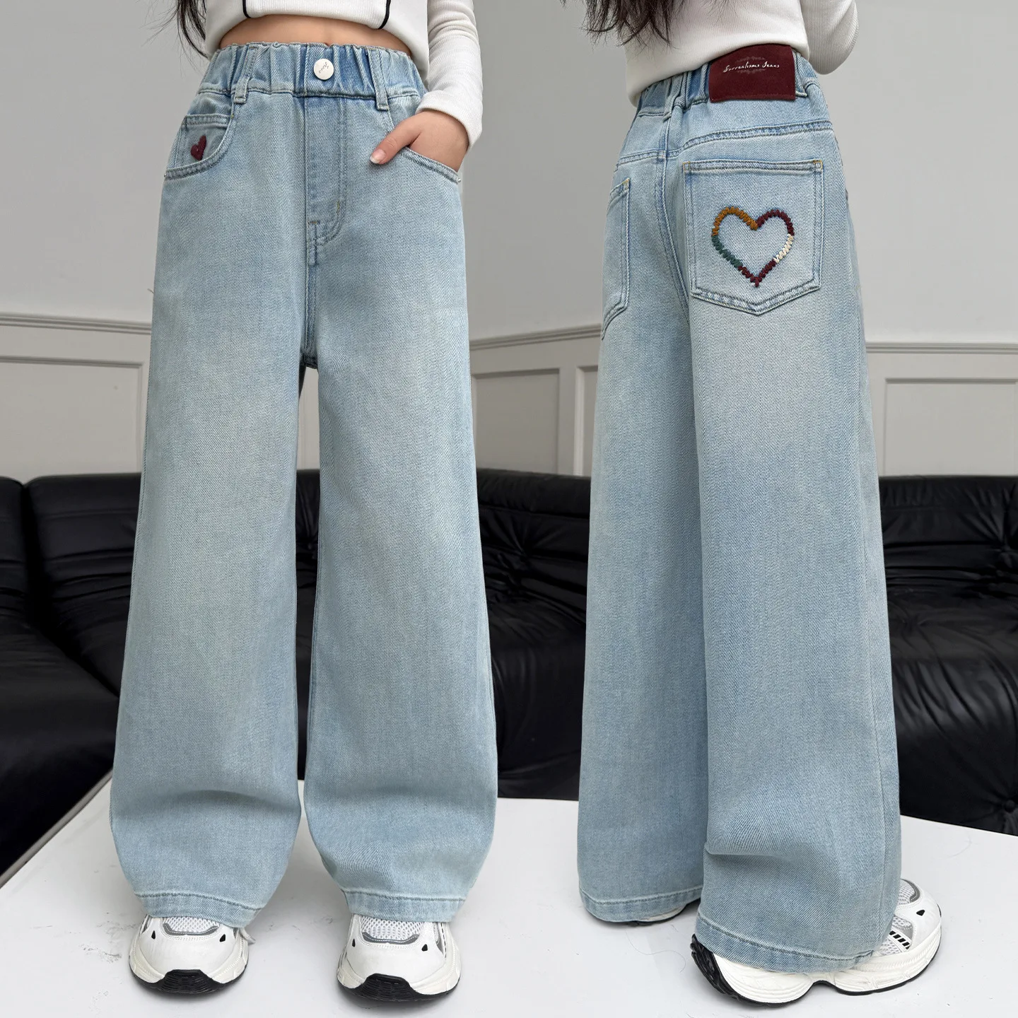 UNITIM Junior Girls Jeans 4-14Y Kids Girls Denim Pants Loose Love Pockets Children Girls Straight Pants Young Teen Girl Trousers
