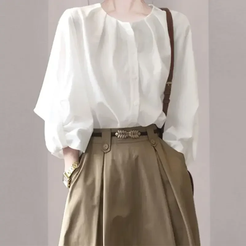 

Fashion Small Crowd Design Feeling Blouse Women's Spring and Summer 2023 White Round Neck Lantern Sleeve All-match Shirt E44