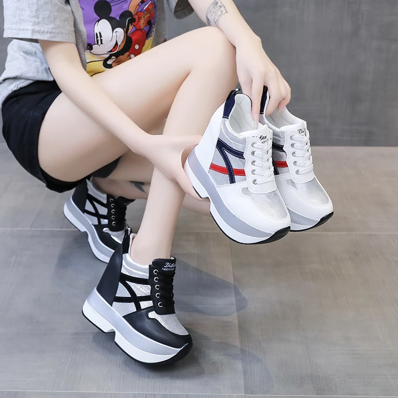 Autumn Women High Platform Shoes Height Increasing Casual Shoes 12 CM Thick Sole Trainers Breathable Shoes Women Sneakers