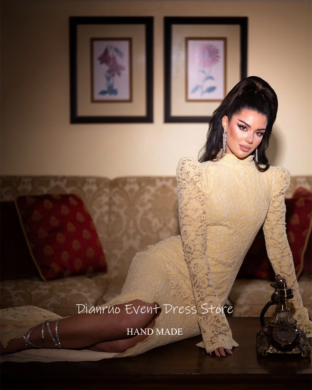 Dianruo jaune col haut Robe De Soirée longue haute fente Vestido Festa Appliques moderne découpé dentelle Robes De Soirée personnalisé