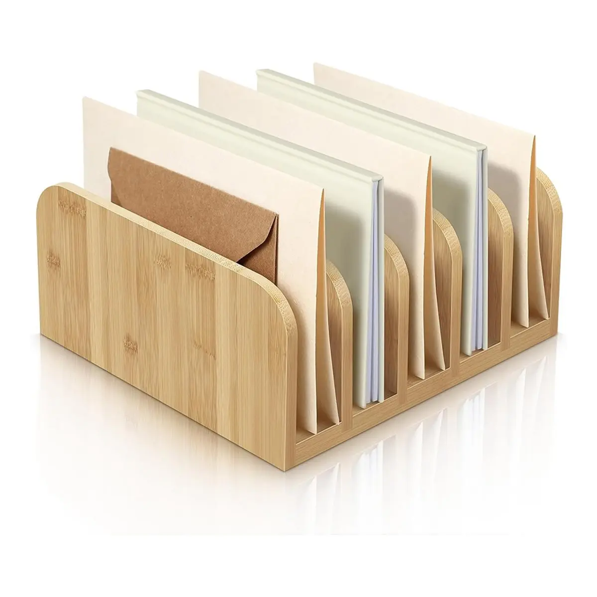 STOCK-Desk Mail Organizer Bamboo File Holders Countertop Paper Organizer Letter Sorter 5 Compartments Envelope Holders