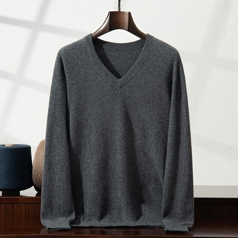 Classic Men's V-neck Cashmere Sweater 100% Knitted Loose Fit Solid Color Autumn Winter Base Layer Shirt for Inner Wear