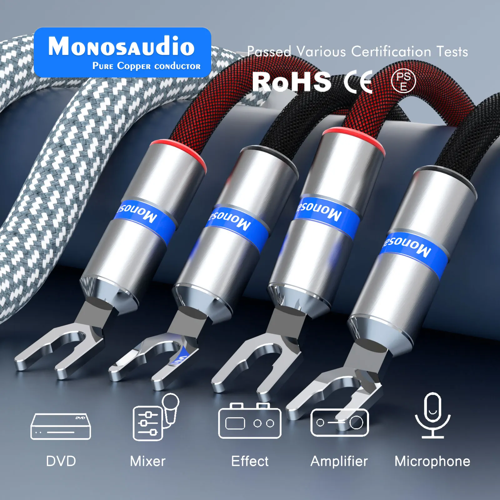 S802S6R Monosaudio HiFi Audiophile Speaker Cable 5N OFC Copper Audio Speaker Cable with Rhodium Plated Speaker Connector Plugs