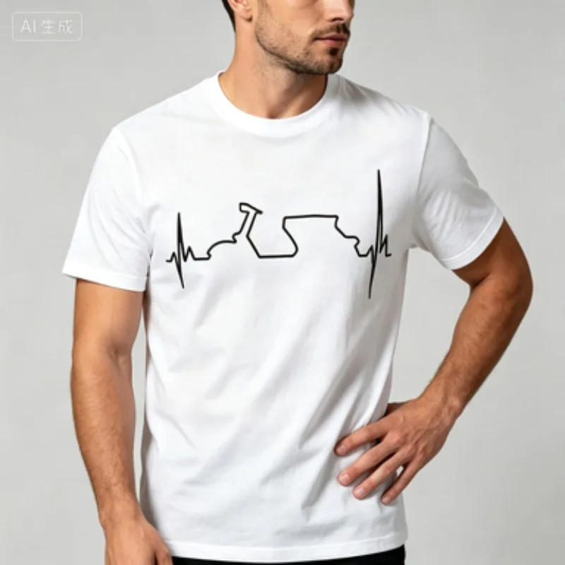 Men Standard Fit Crew Neck T‑Shirt Simple Biker Heartbeat Sketch Print Casual Male Short Sleeve T‑Shirt