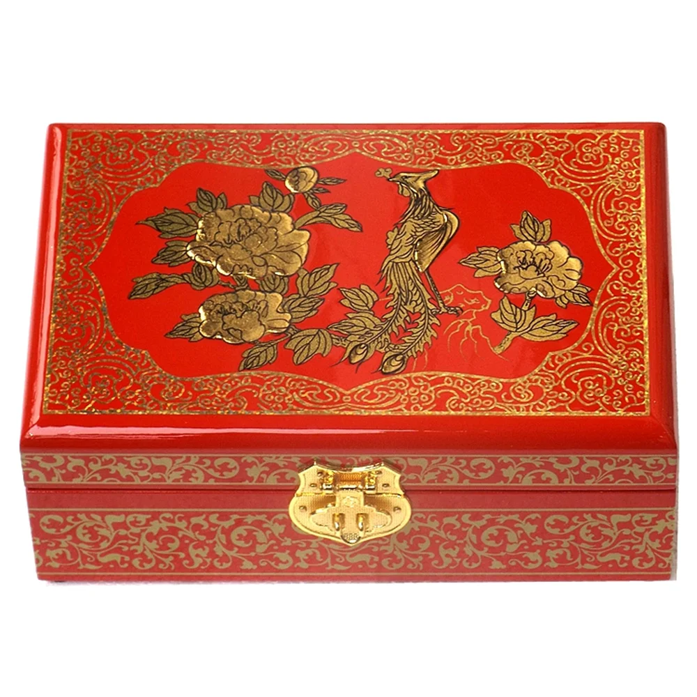 

Vintage Wooden 2 Layer Lock Large Box Chinese Flower Bird Black Red Collection Box with Mirror Storage Boxes Wedding Case Gift