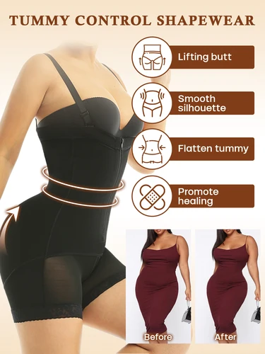Imagen 2 del producto Faja moldeadora de cuerpo con control de barriga de compresión para mujer con levantador de glúteos acolchado extraíble Diseño de entrepierna abierta Pantalones cortos Fajas