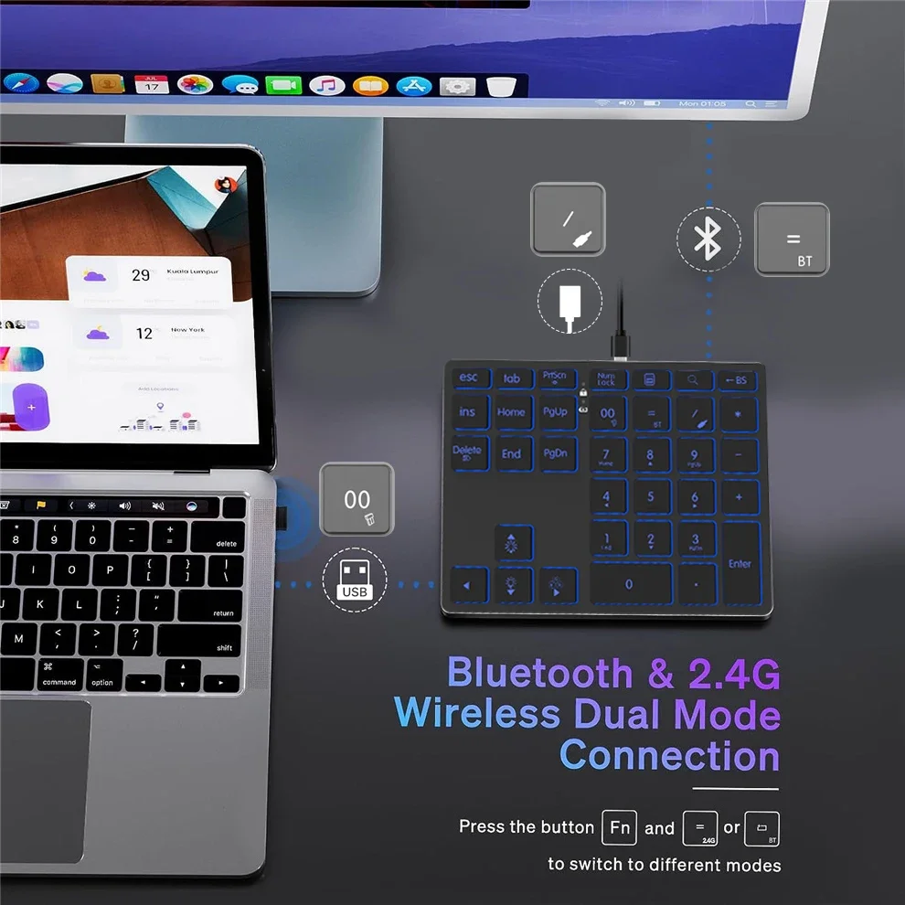 Backlight Wireless Numeric Keypad Bluetooth Numpad RGB Rechargeable 34-Key Numeric Keyboard External Numpad Keyboard Data Entry
