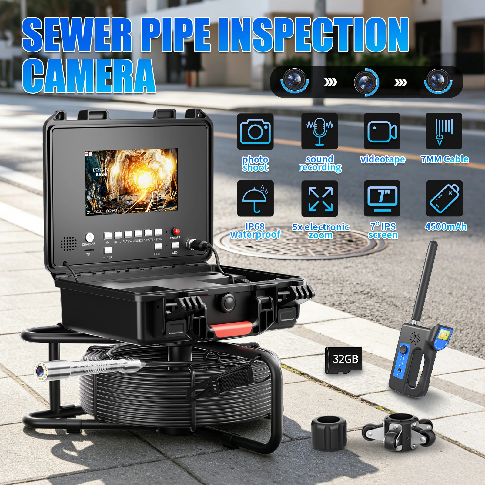 

7" Sewer Inspection Camera 512Hz Self-Leveling Sewer Camera with Locator Meter Counter Endoscope Camera 5MM Cable With 32GB Card