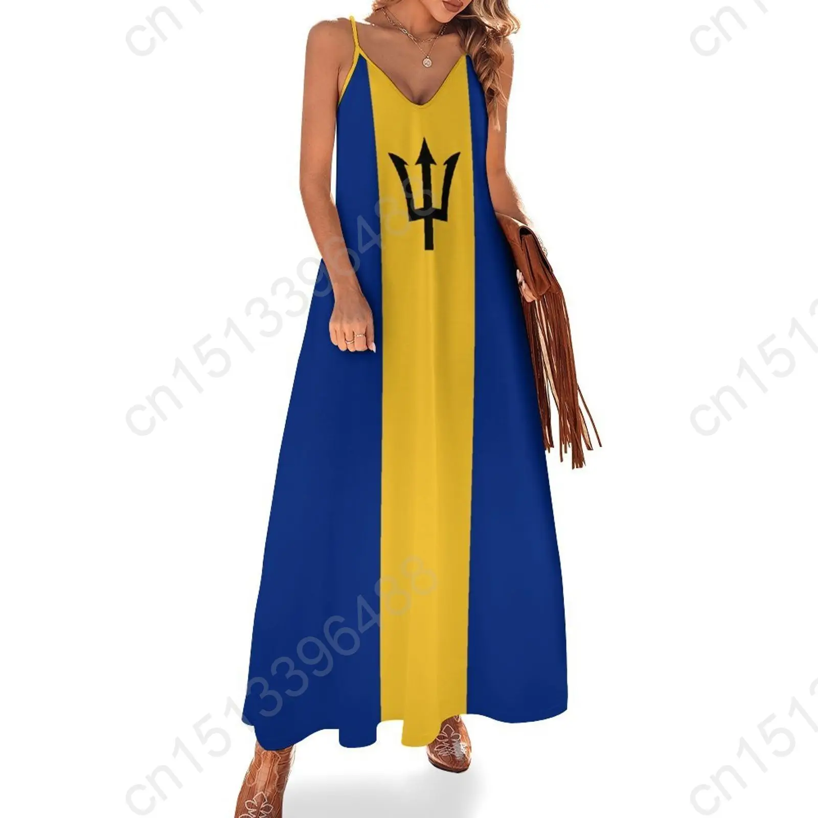 Barbados Flag Print New Casual Sleeveless Long Dress Women's V-Neck Printed Dress Swing Retro Dresses