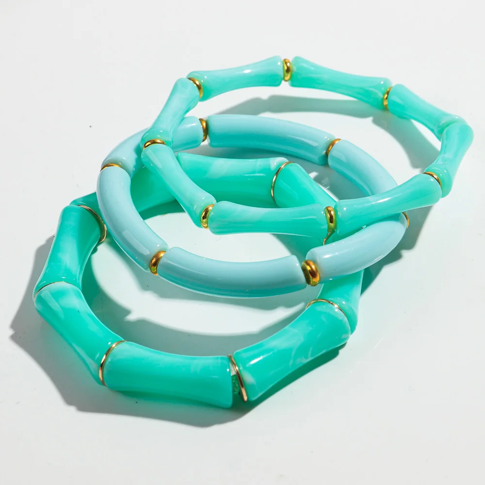 3pcs Vintage Bamboo Curved Tube Bracelets for Women Men Punk Colorful Resin Beaded Elastic Stackable Bangles Couple Jewelry Gift