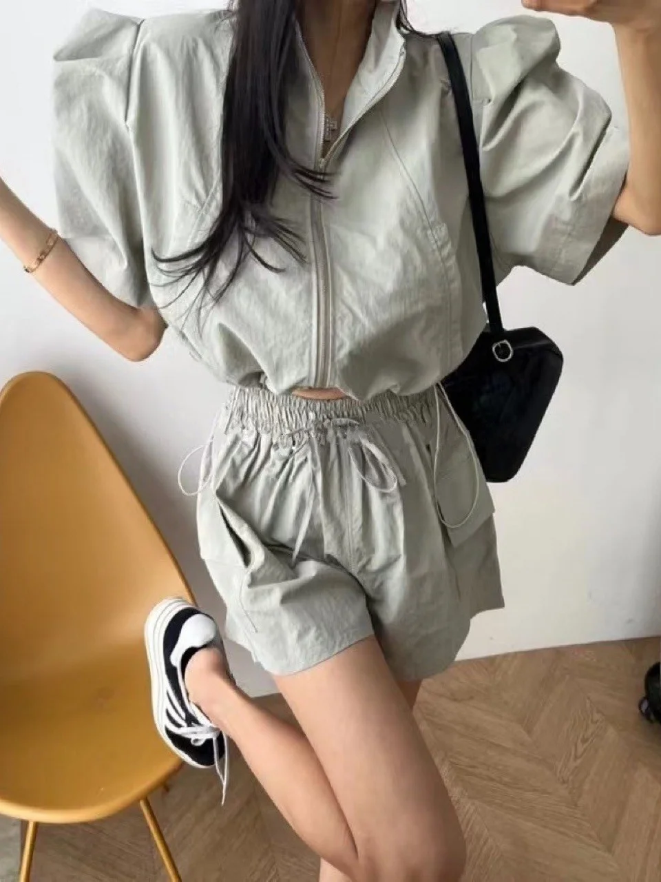 

Women's Bubble Sve Windbreaker Jaet Loose Slimming Zipper Dstring Waist ort Wide Leg ort Pants Set Faionable