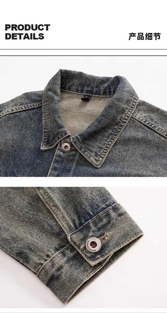 Streetwear Jeans-Oberbekleidung, Snow Wash Distressed Cargo Denim-Jacke für Männer und Frauen, Ausgewaschene Oversized Trucker-Jacke, Vintage M-5XL – Detail 7
