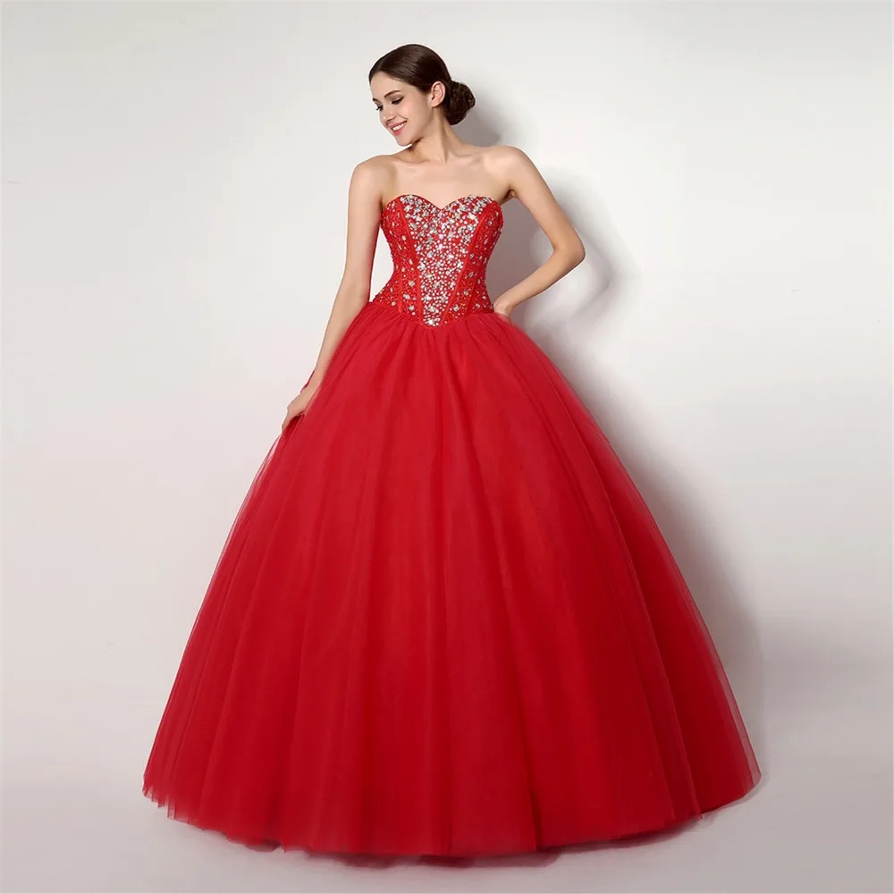 Angelsbrief vermelho querida quinceanera vestido de cristal luxo miçangas tule plus size aniversário 15th ano vestido princesa espartilho