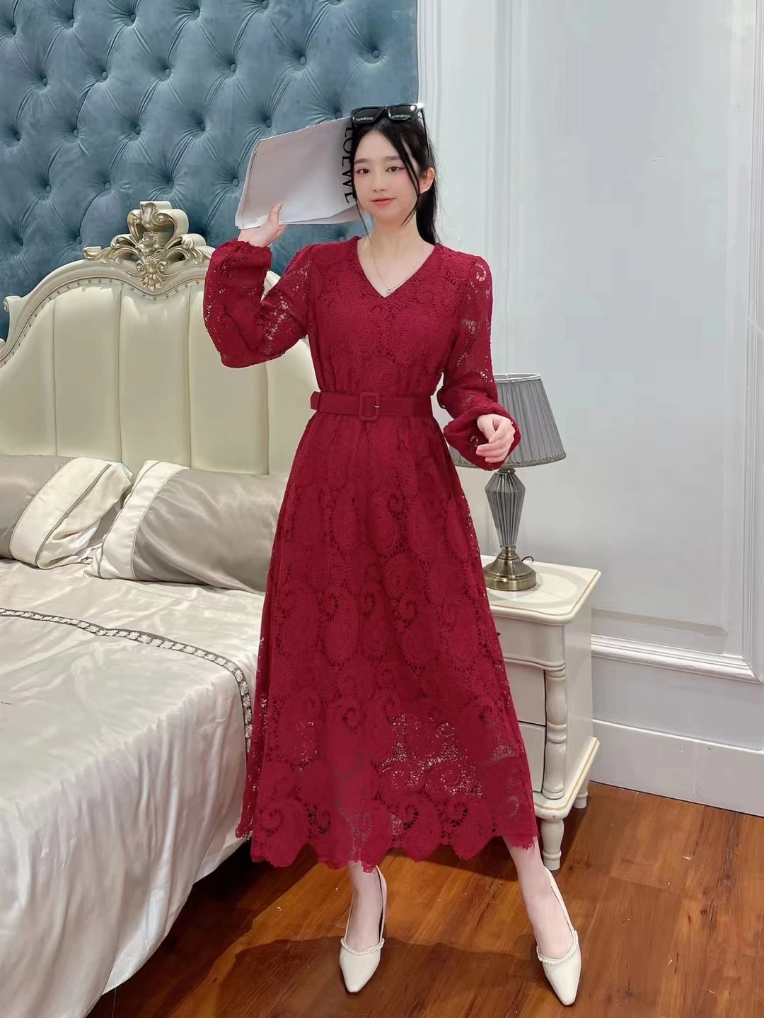 New Spring Autumn Women V-Neck Long Sleeve Belt Slim Long Dress High Quality Retro Hook flower hollow Classical Runway Dress