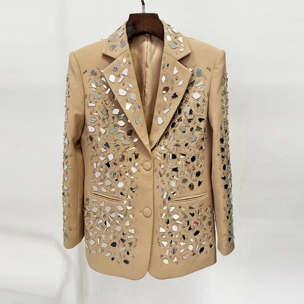 2025 Runway-Inspired Mirror luxury diamond Beaded Blazer and Shorts Set – Celebrity-Style Two-Piece Outfit