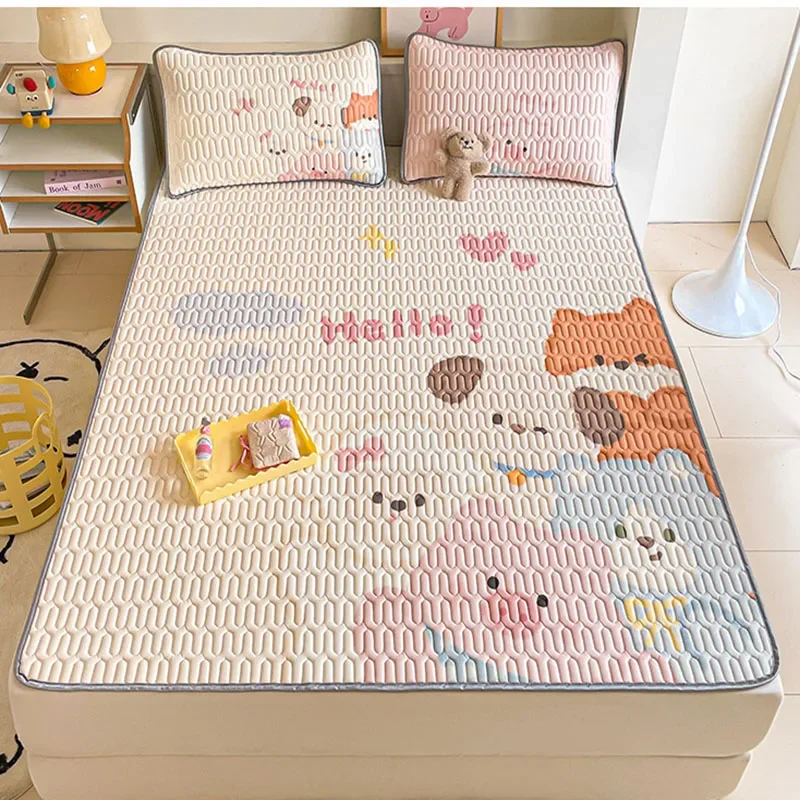 Cartoon Pattern Printed 3-Layer Mattress Set Rebound Soft Latex Mat Home Breathable Air Conditioning Bed Sheets for Adults
