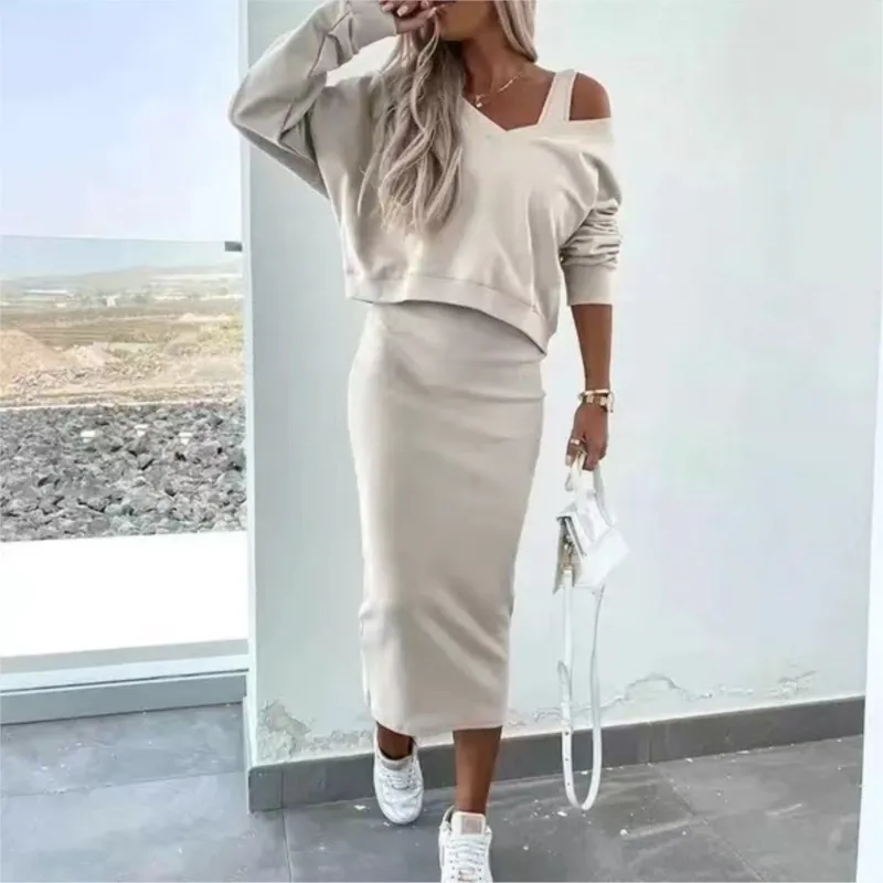 Fashion Two Piece Set Midi Dress Women\'s 2025 Autumn Sexy V Neck Long Sleeve Pullover Top And Skirts Two Piece Set Dresses