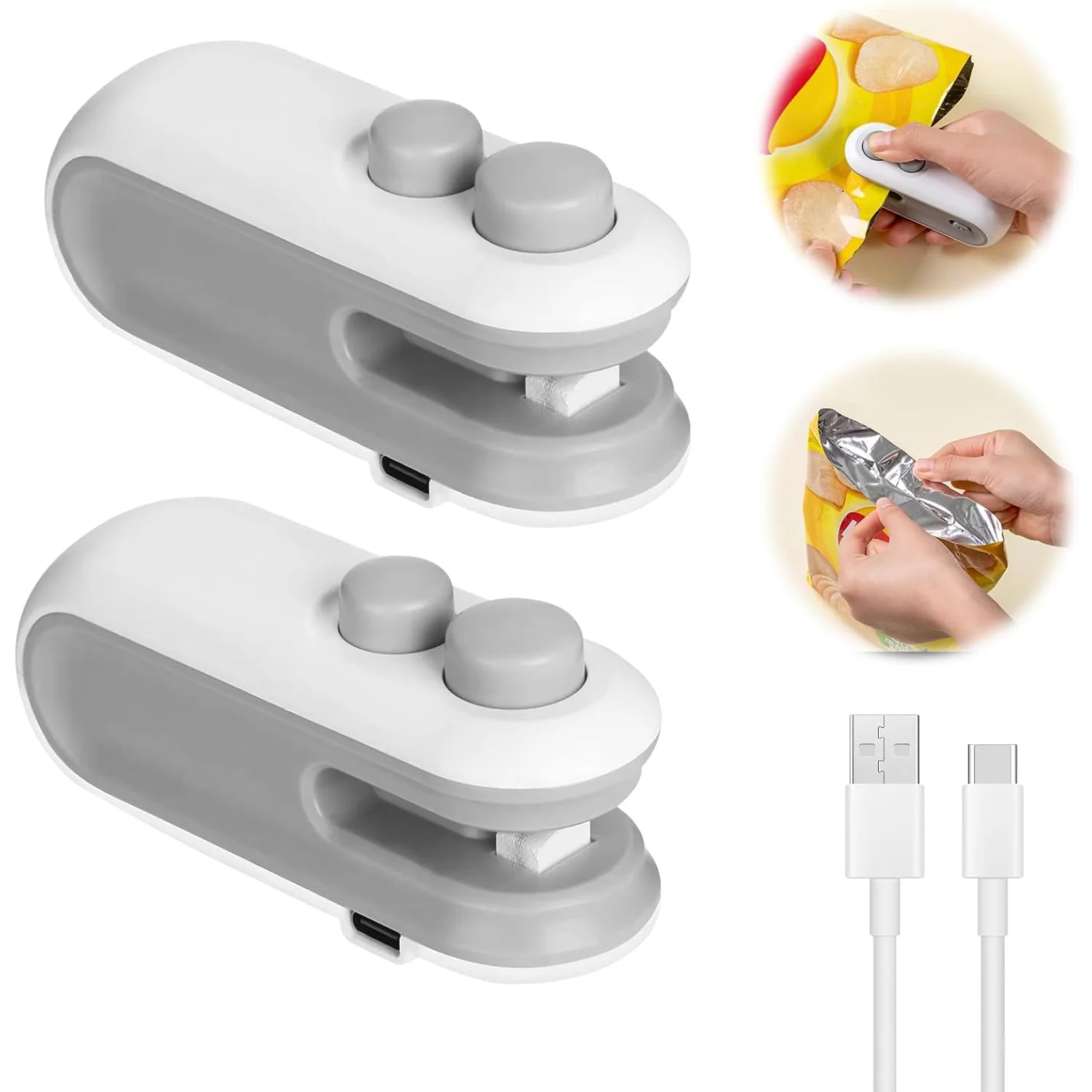 2Pcs Mini Bag Sealer, Rechargeable Heat Sealer, 2 in 1 Chip Bag Sealer & , Mini Bag Resealer Machine, Portable Handheld Food Sea