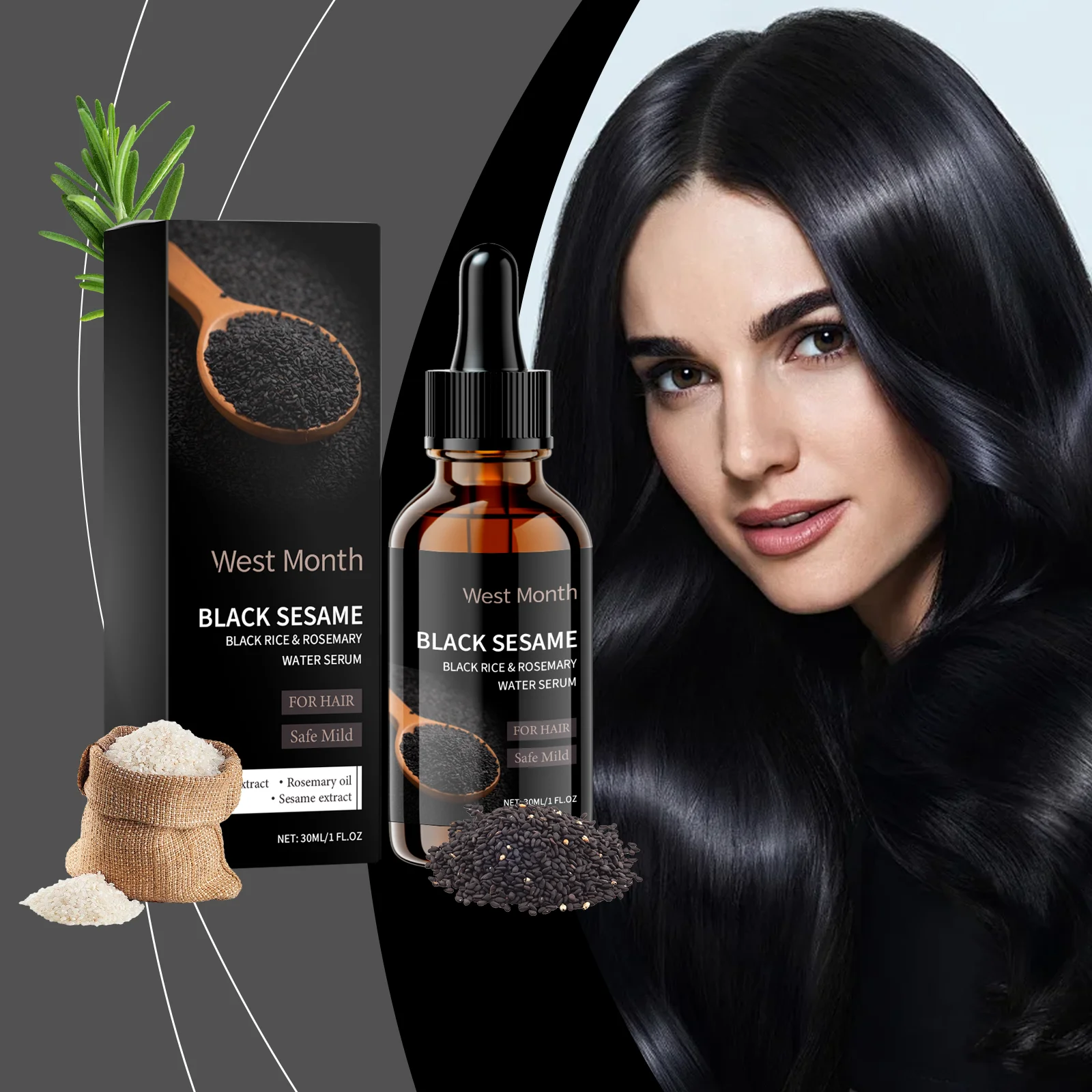 Suero para el crecimiento del cabello del Mes Occidental, arroz negro, romero para el tratamiento de la caída del cabello, crecimiento del cabello de la cabeza calva, esencia de semillas de sésamo negro, 30ml