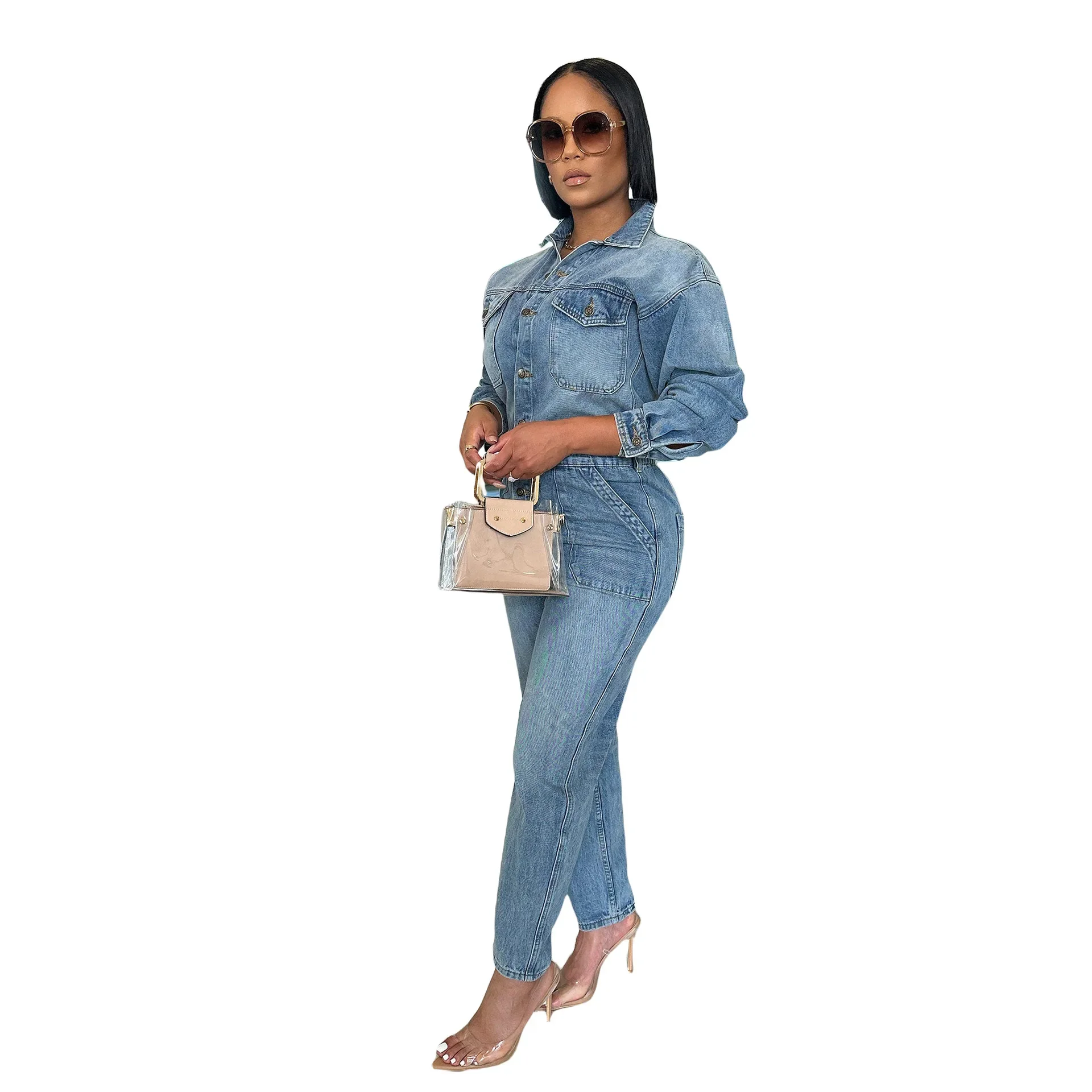 Women Jeans Long Sleeve Single Breasted Overalls Ankle Length Pencil Pants Denim Pockets High Street Solid Button Jumpsuits