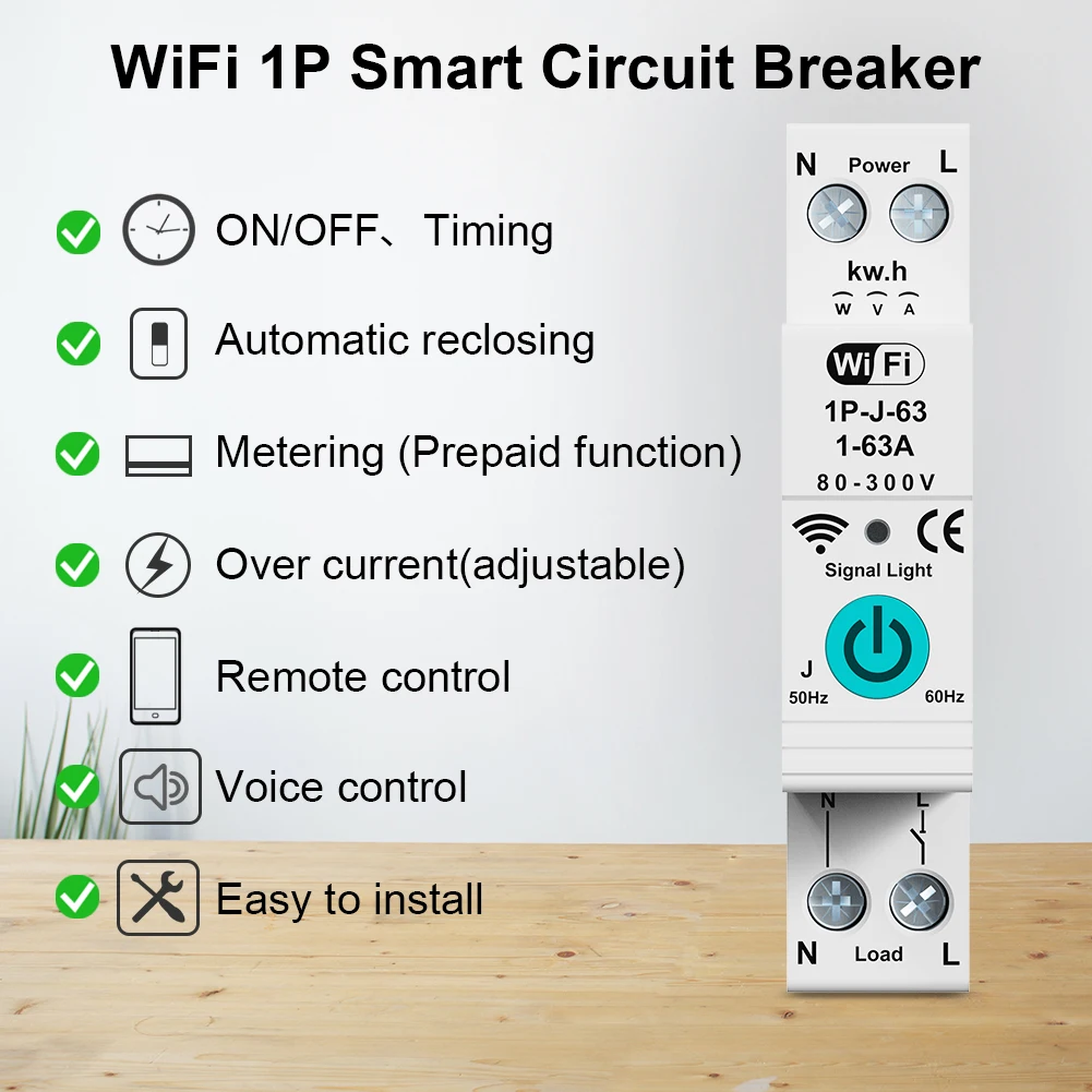 Tuya WiFi Mcb Circuit Breaker, Power Metering, 1P, 63A, DIN Rail for Smart Home, Wireless Remote Control Smart Switch by App,