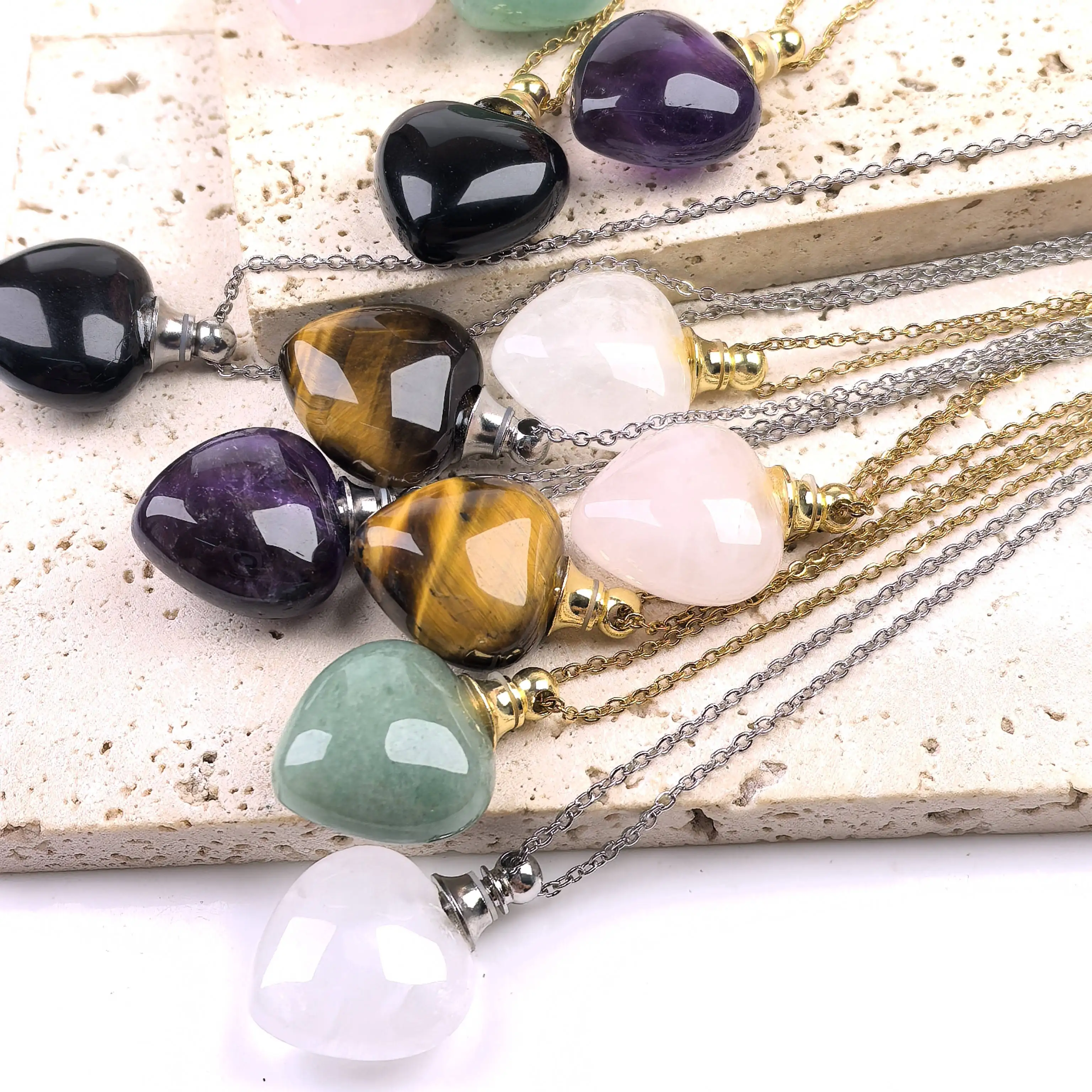

Natural Gemstone Heart Charms Perfume Bottle Pendant Chains Chakra Crystal Essential Oil Diffuser Vial Necklace Jewelry QC1189