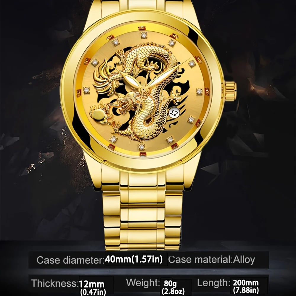 Fashion Men\'s Watch Chinese Dragon Golden Watch Stainless Steel Calendar Quartz Watch