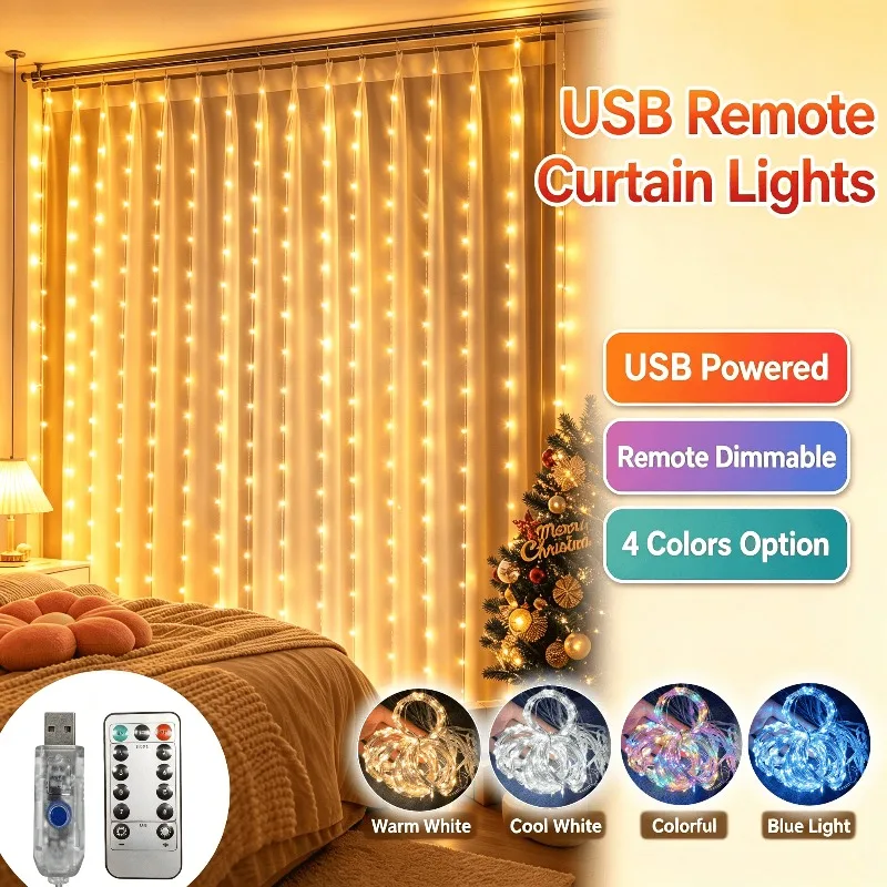 Christmas Lights USB Curtain 8Modes Remote String Lights Holiday Halloween Fairy New Year Garland for Bedroom Living Room Decor