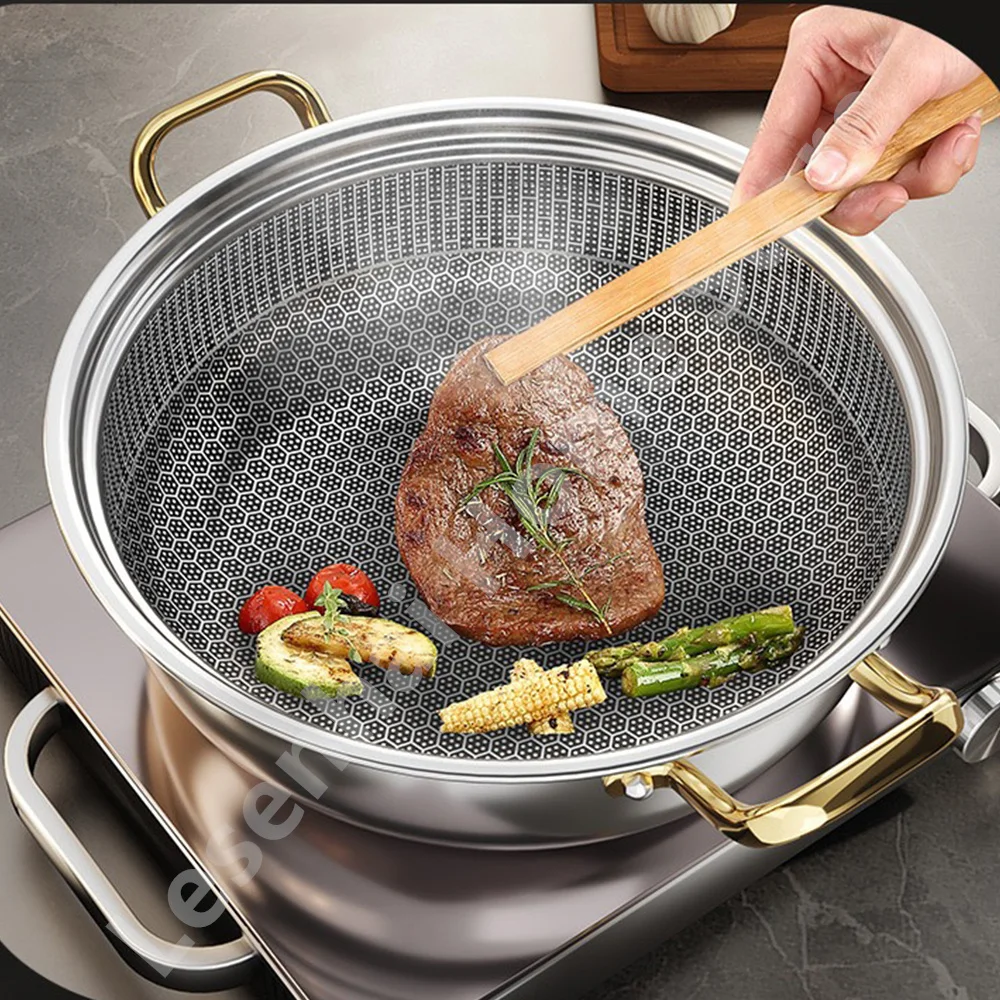 

30cm Stainless Steel Soup Pot Wok Non-stick Honeycomb with lid Household Frying Pan Induction Cooker Gas Stove Universal Hot Pot