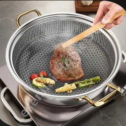 30cm Stainless Steel Soup Pot Wok Non-stick Honeycomb with lid Household Frying Pan Induction Cooker Gas Stove Universal Hot Pot