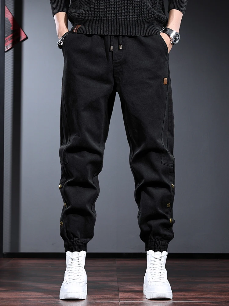 Autumn Black Elastic Waist Pants Men Streetwear Casual Cotton Baggy Drawstring Jogging Trousers