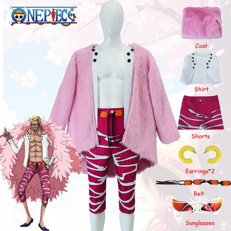 Anime One Piece Donquixote Doflamingo Cosplay Costume Pinks Coat Carnival Uniform Suit Halloween Party Outfits for Adult Men Set