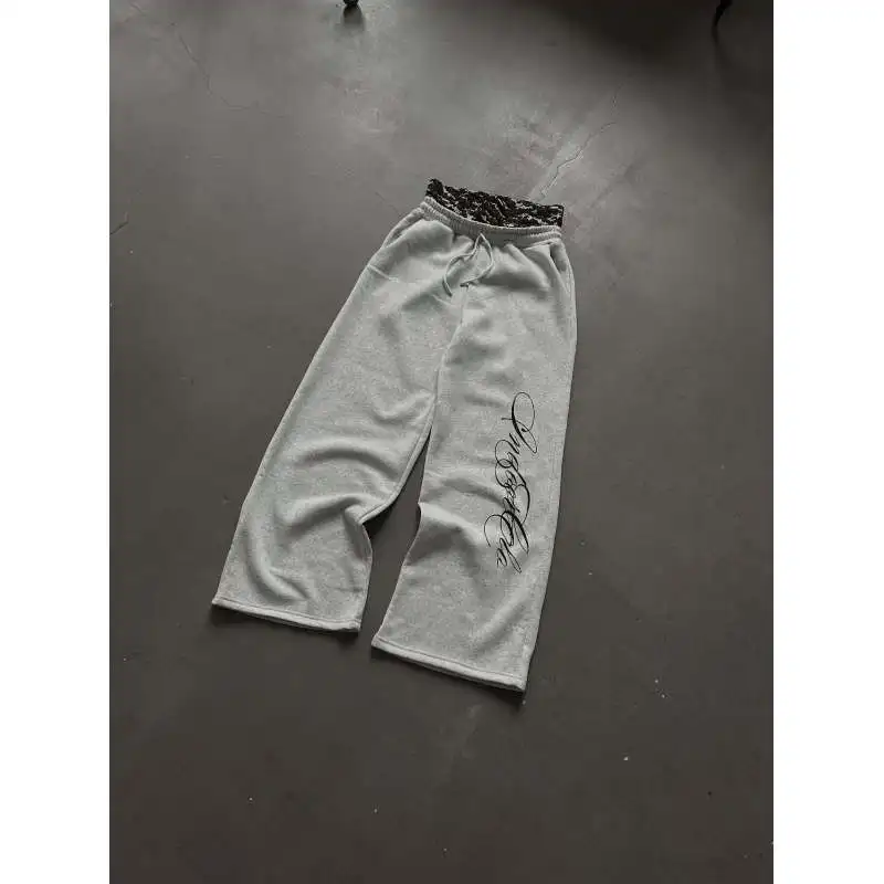 Joggers unissex cinza de grandes dimensões, calças de moletom com letra bordada, calças com cordão casual Y2K com cintura estampada, quadril H