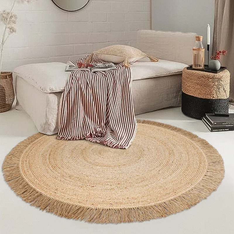 

Living Room Decorative Carpet Natural Jute Carpet Hand Knotted Tassel Edge Carpet Vintage Pastoral Round Rugs