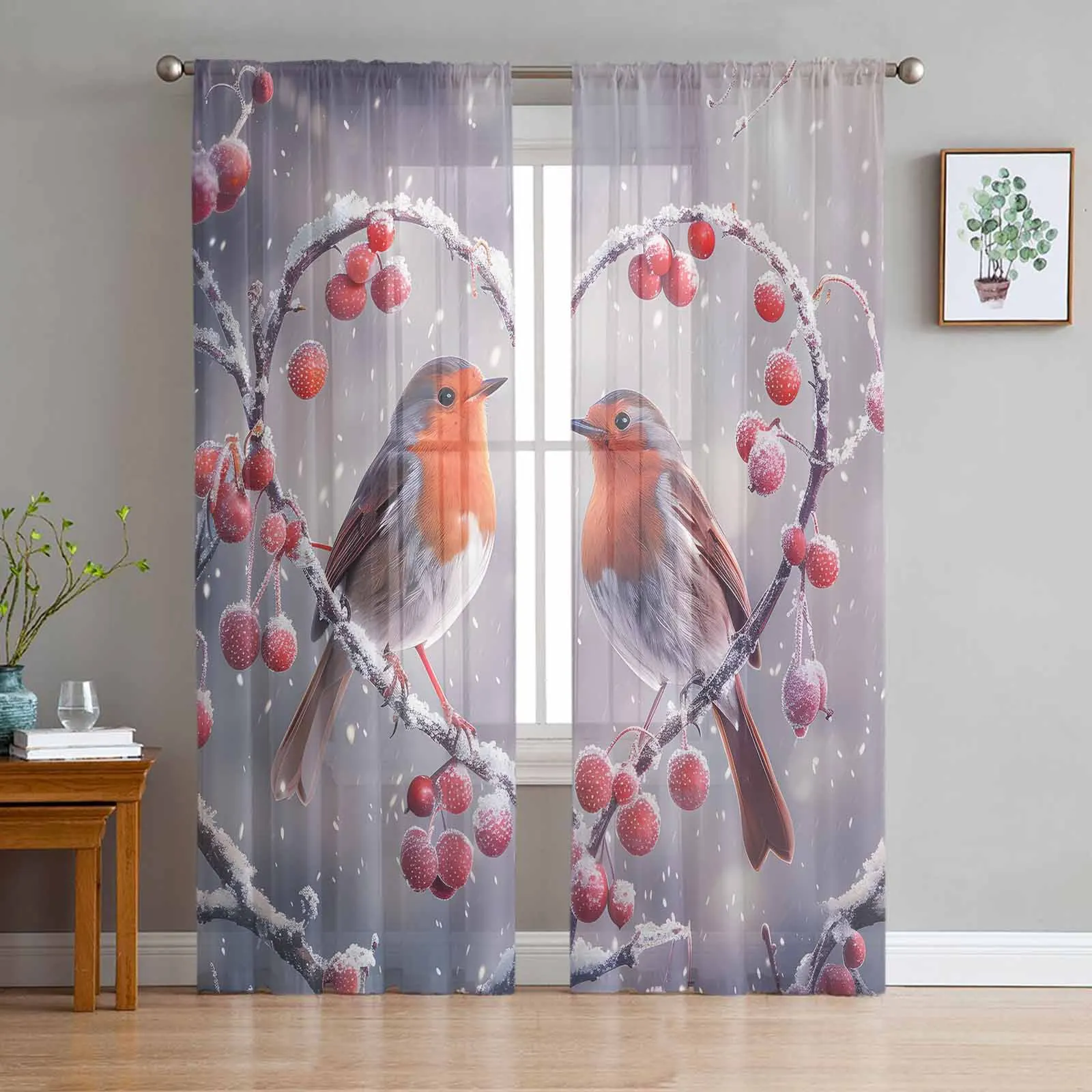 Christmas Snowflake Bird Red Fruit Love Bedroom Transparent Sheer Curtains Holiday Decoration Window Voile Tulle Curtain