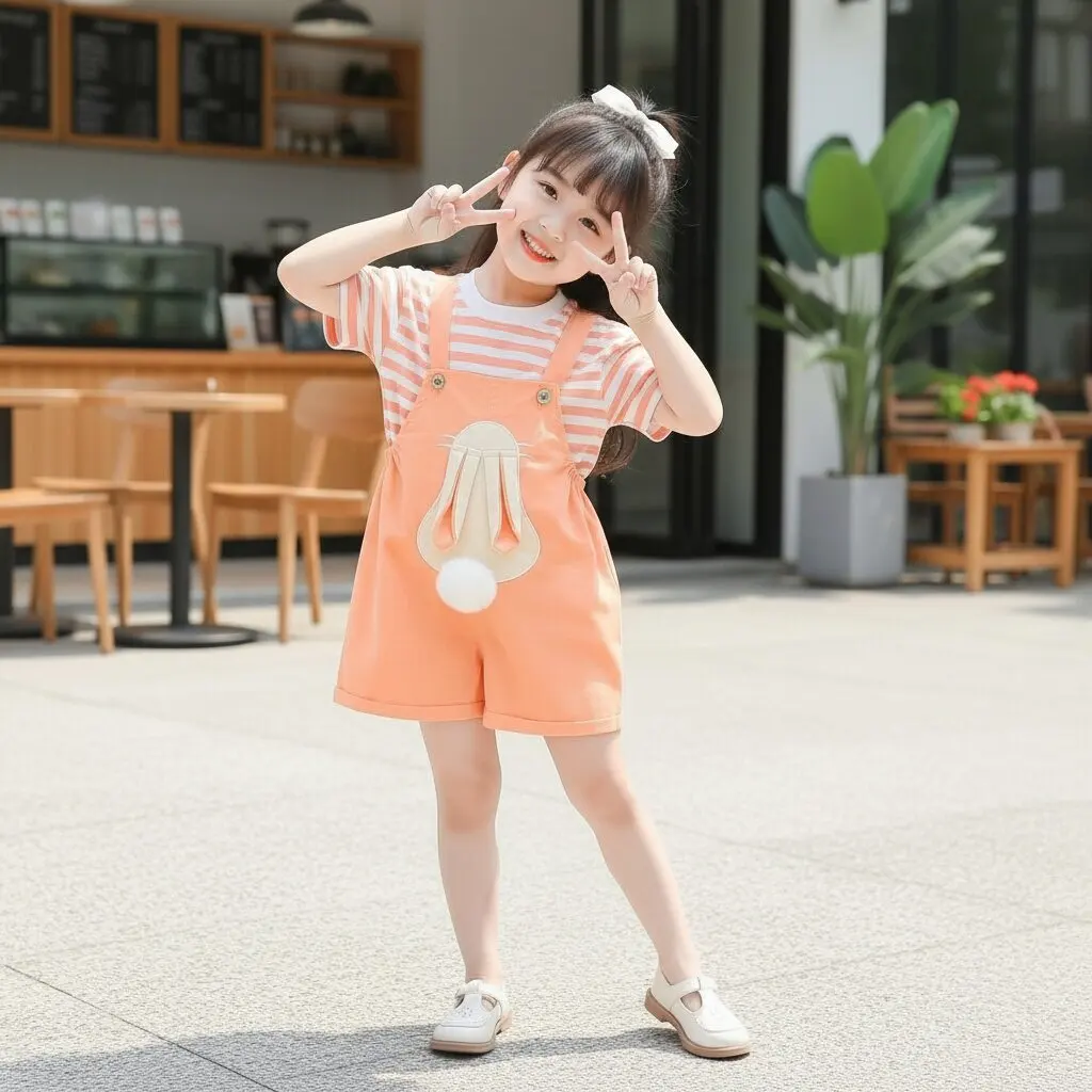 2026 Summer New Toddler Girls Striped Short Sleeve Suit Three Dimensional Rabbit Strap Overalls Lovely Daily Girl Outfit
