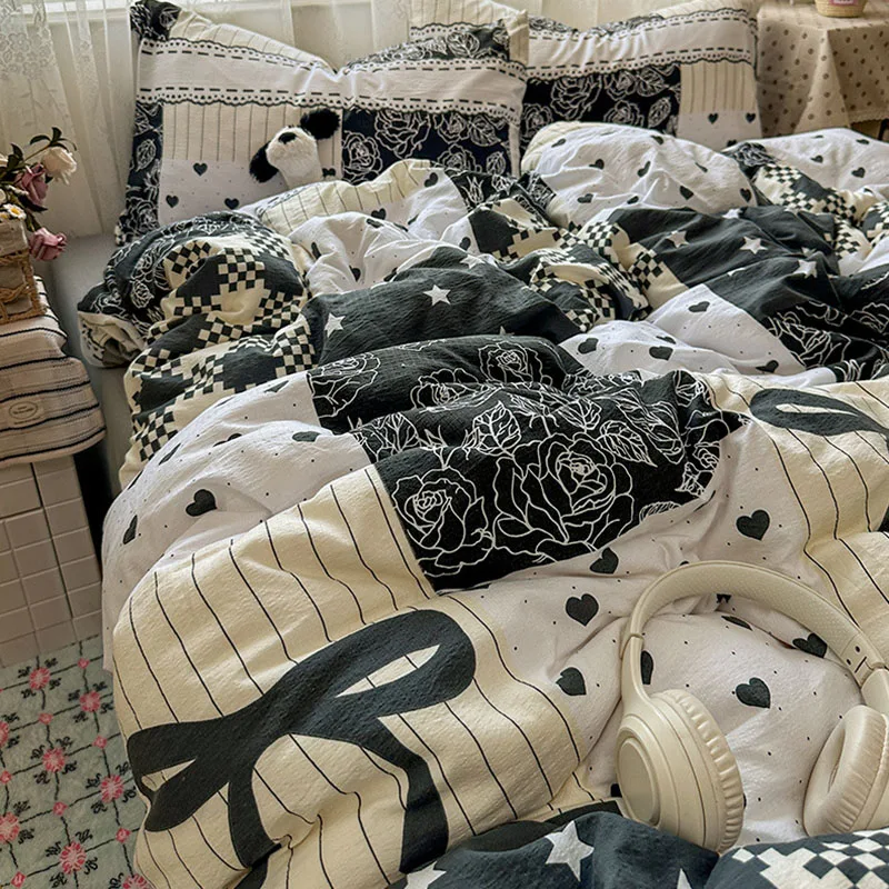 

Cotton and Linen Printing Bedding Set Cartoon Skin-Friendly All-Season Bedclothes Soft Single Quilt Cover Kit with Fitted Sheet