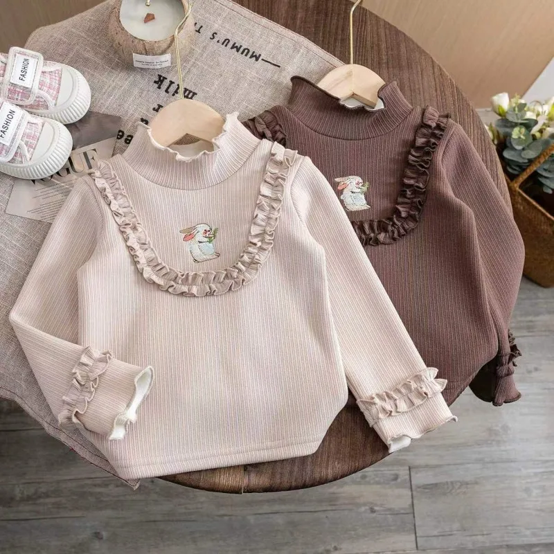 2023 Autumn/Winter New Children\'s Fashionable Plush Warm Sweater Girl Baby Embroidered One piece Plush Cartoon Bottom Shirt