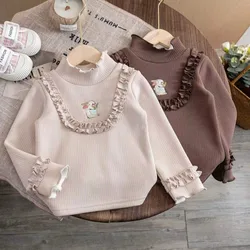 2023 Autumn/Winter New Children's Fashionable Plush Warm Sweater Girl Baby Embroidered One piece Plush Cartoon Bottom Shirt