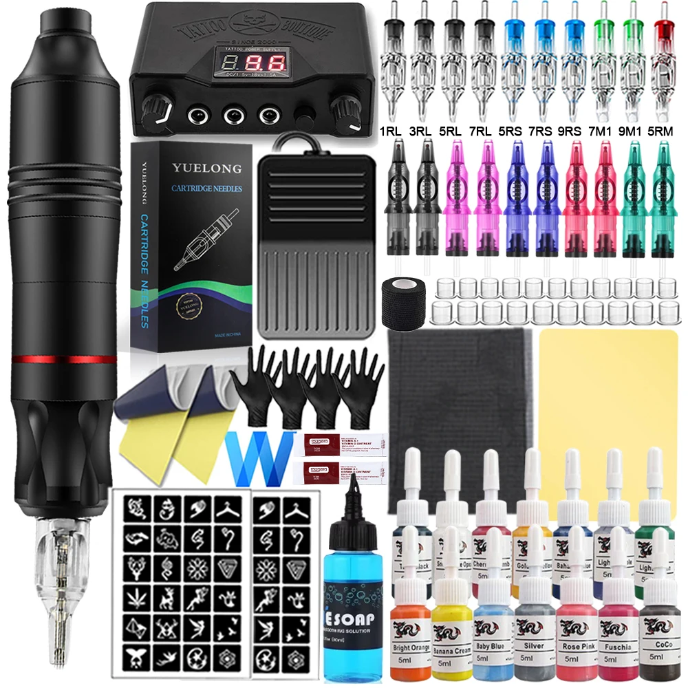

Полный комплект машин для татуировки, вращающийся картридж постоянного тока, машинная ручка с иглой для картриджей, блок питания, чернила для набора для начинающих татуировок