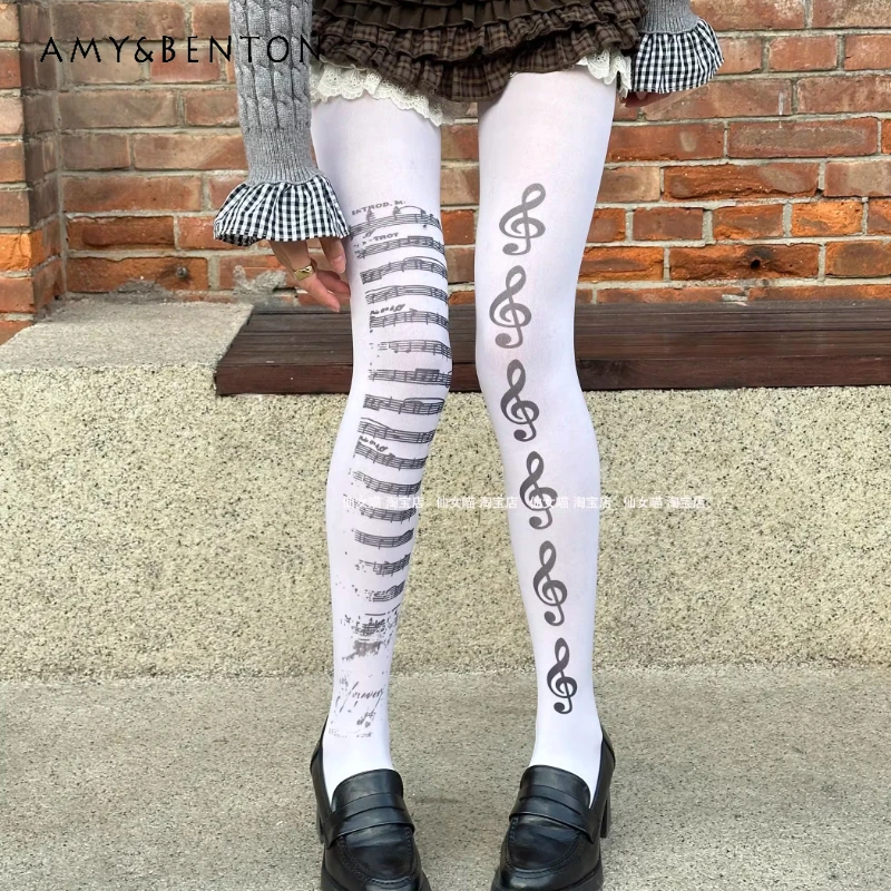

Y2K Sweet Cool Hot Girl Music Note Printed White Women's Pantyhose 2026 New Thin Fashion Thin Velvet Age Reduction Tights Girl