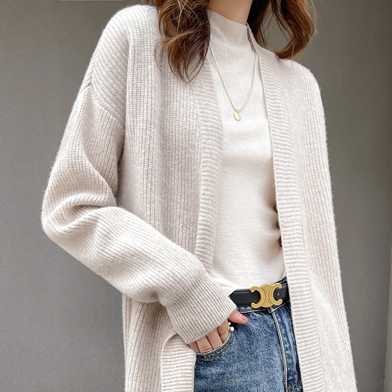 New cashmere cardigan in autumn and winter women\'sloose long sleeve sweater solid color knitted long thickened top