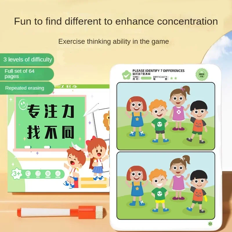 64 Pages Find The Difference Puzzle Game Erasable and Rewritable Focus and Observational Training Brain Development Toy for Kids