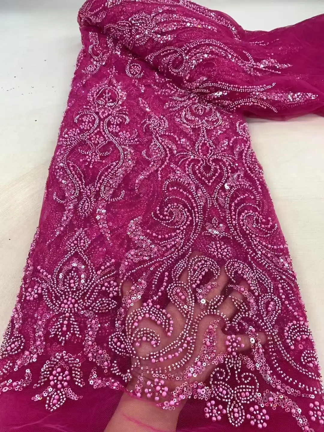 

Luxury Beaded Sequins Lace Fabric Nigerian Lace Fabric Orange High Quality Lace Embroidered Fabric For Women's Evening Dress