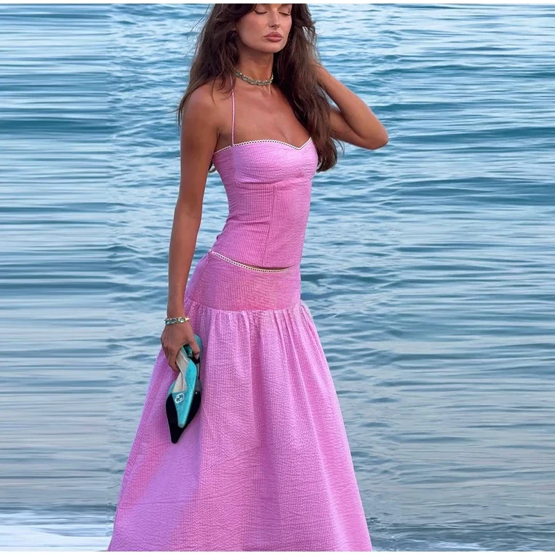 Sexy Neckholder-Crop-Top und Rock-Set für Damen – Strand-Outfit mit kontrastierendem Slim-Strick-Top und langem A-Linien-Rock – Zweiteiliges Set für den Sommer 2026 – Damen-Strandmode – Detail 15