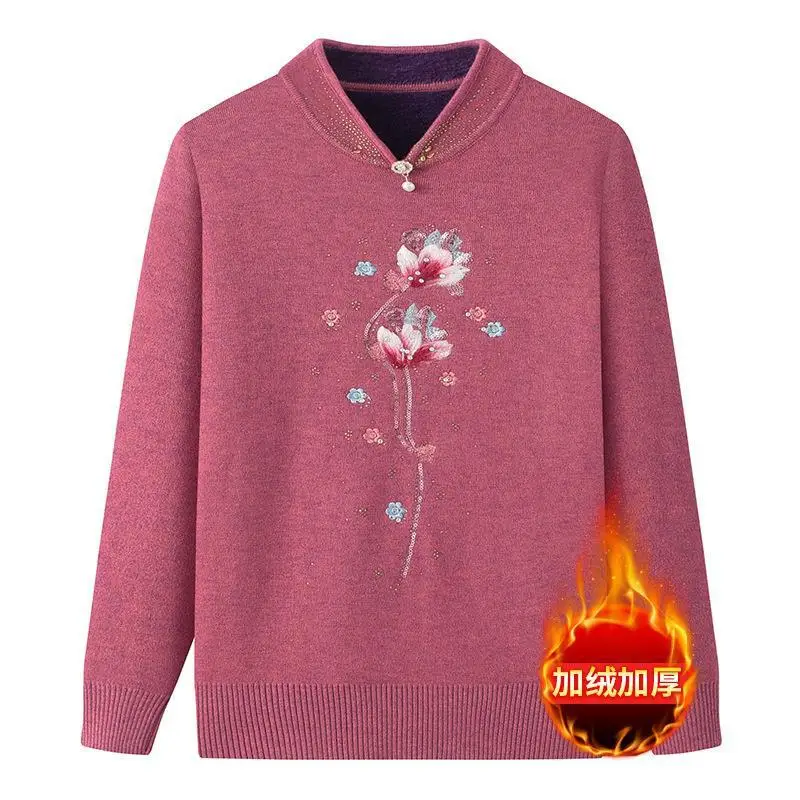 Autumn Winter Women's Pullover Round Neck Solid Rivet Rhinestone Embroidery Long Sleeved Sweater Knitted Casual Elegant Tops