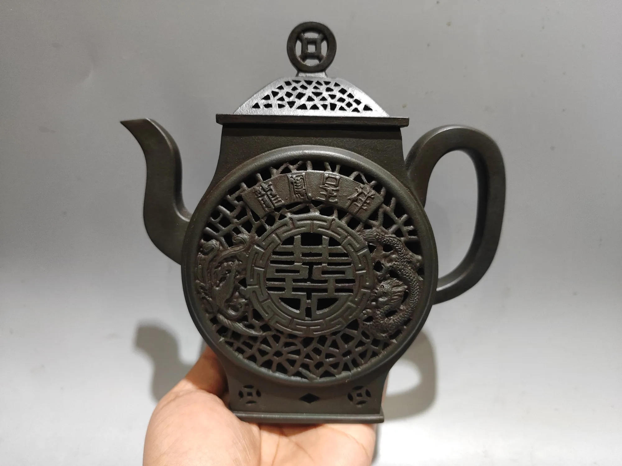 Yixing Purple Clay Pot Coin hollow cover Dragon and Phoenix Pattern Well Fence Pot Kettle Teapot Flagon