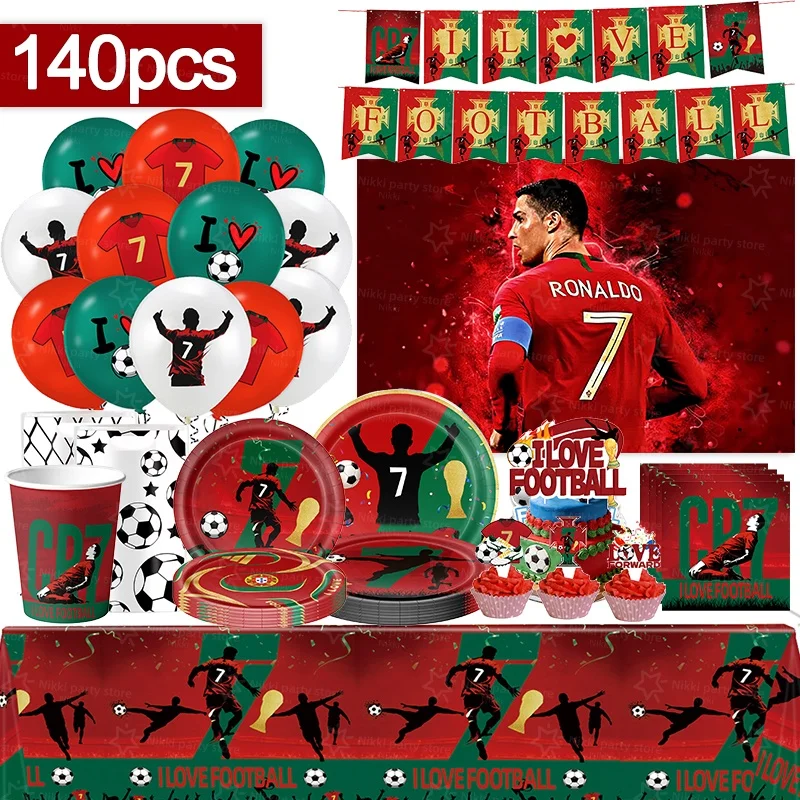 Nouvelle décoration d'anniversaire CR7, fournitures de fête sur le thème du football, cadeaux de fête sur le thème du football, nappe, assiette, gobelet en papier, toile de fond
