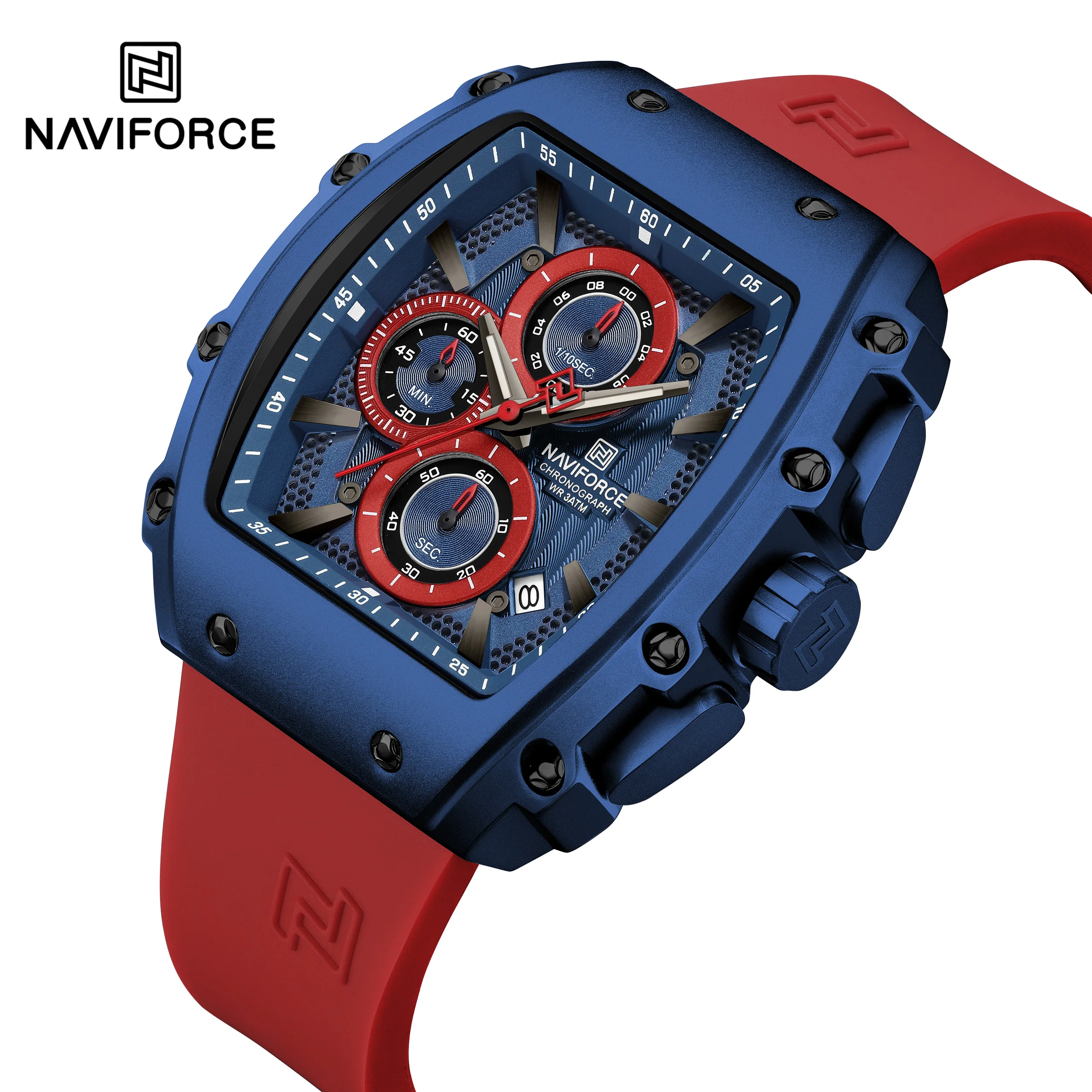 

NAVIFORCE NF8070 мужские спортивные водонепроницаемые кварцевые часы, роскошные часы в форме ведра со стальным ремнем, циферблат из сплава, ночник, дисплей