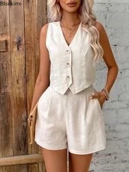 2024 Women's Solid Casual Two Piece Sets Fashion Sexy V-neck Sleeveless Vest Tops and Shorts Suit Women Summer Cotton Linen Sets